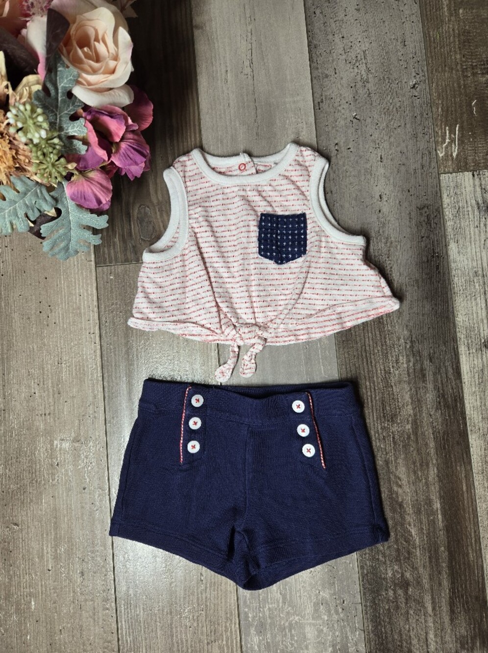 Baby Girl Red‑Striped Top & Navy Shorts Set – Size 12m / 6–12m